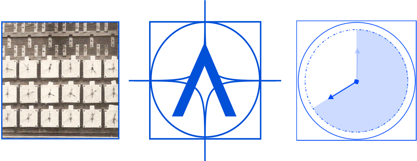 A close up of the Hollerith machine, the “A” in the StatVentures logo, and the Phase 2 “clock” icongraphy